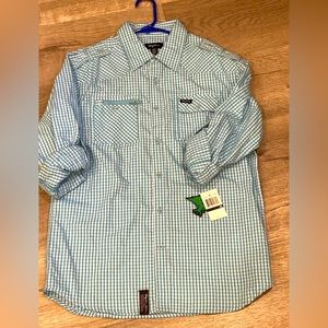 LRG Wovens Shirt Size Medium Boys Blue/White Plaid Button Up Sleeve Tabs